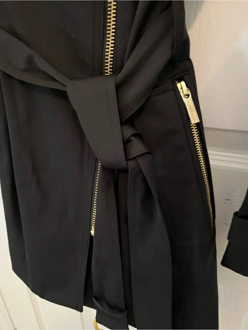 NWT Michael Michael Kors Black Belted Moto Trench Coat Gold Hardware Size S